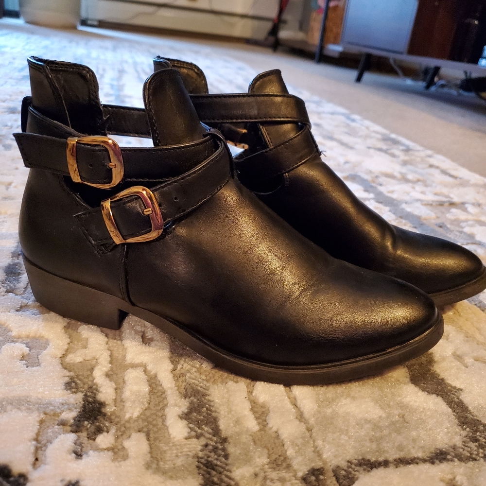 Black faux-leather ankle booties